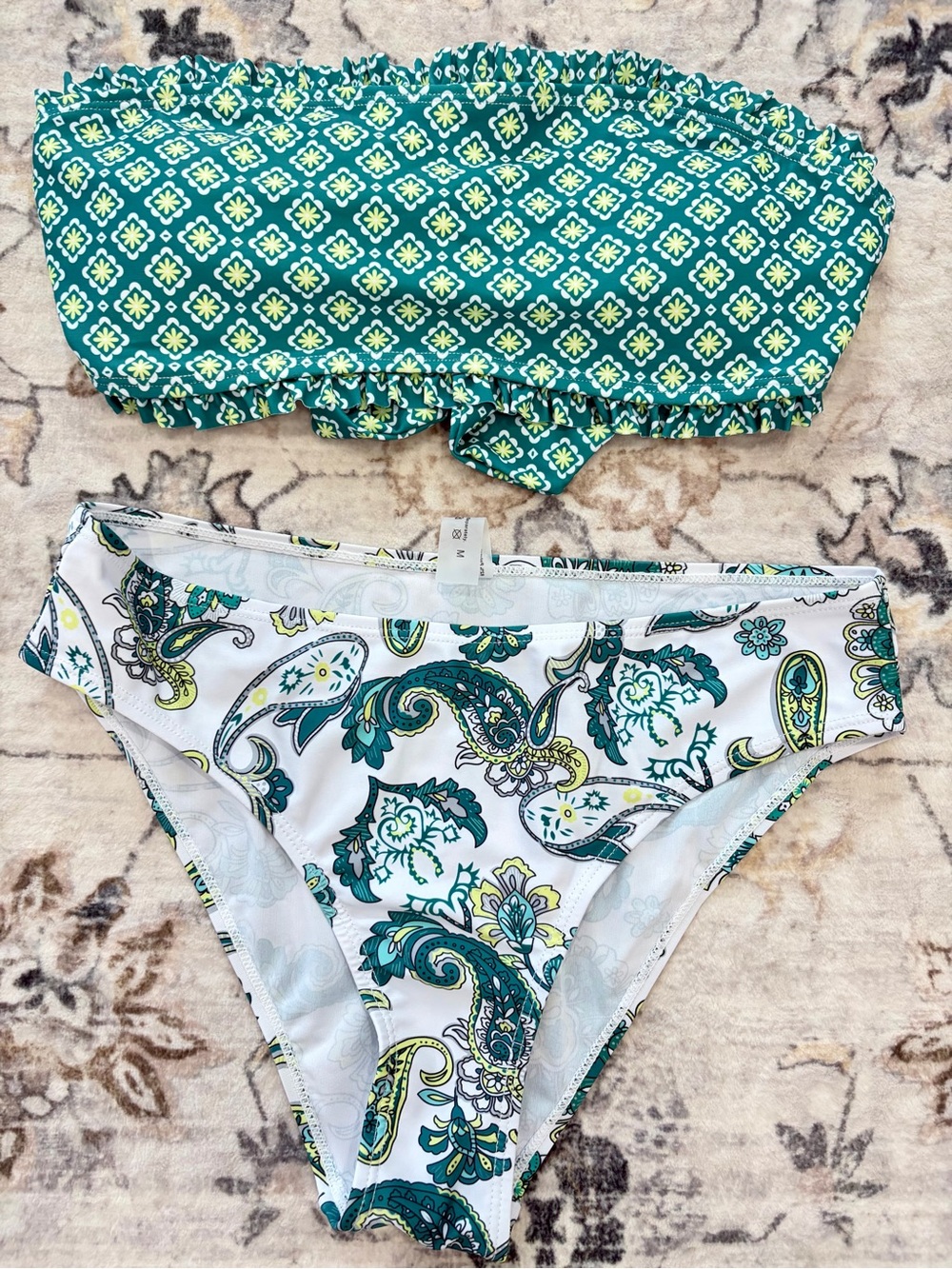 Green Patterned Bandeau Bikini Set - Teal & White